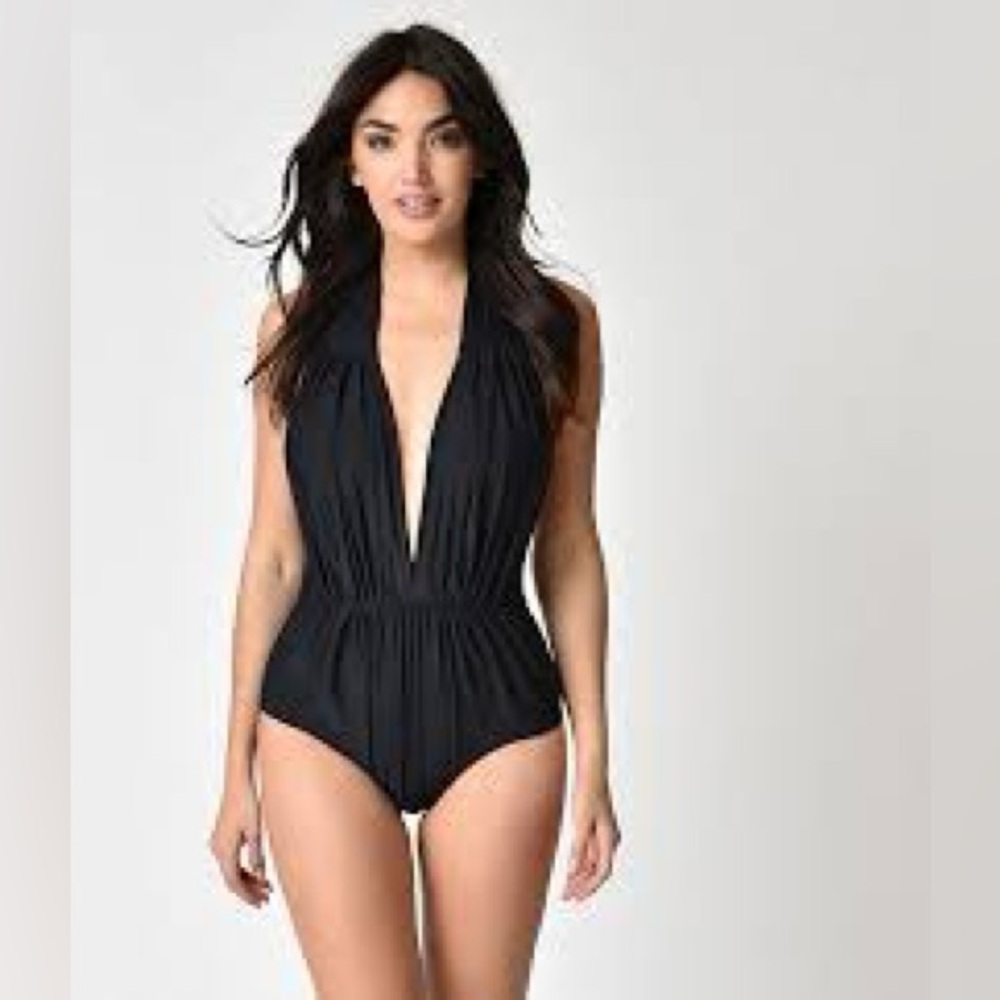 Unique, vintage swim, Elegant Black Plunge Swimsuit size Large